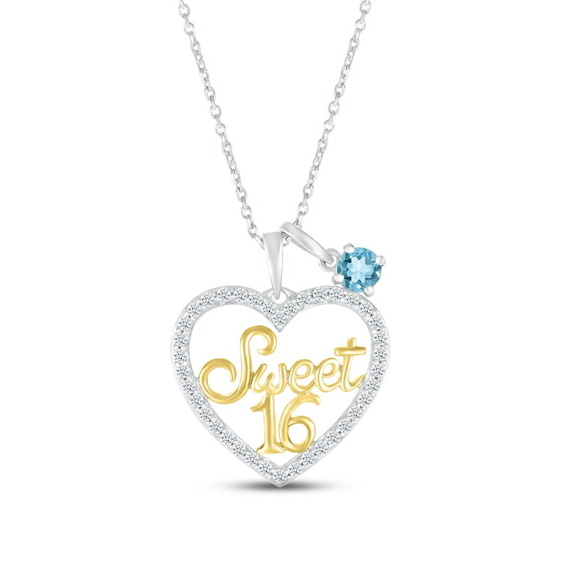 Main Image 1 of Swiss Blue Topaz & White Lab-Created Sapphire &quot;Sweet 16&quot; Necklace Sterling Silver & 10K Yellow Gold 18&quot;