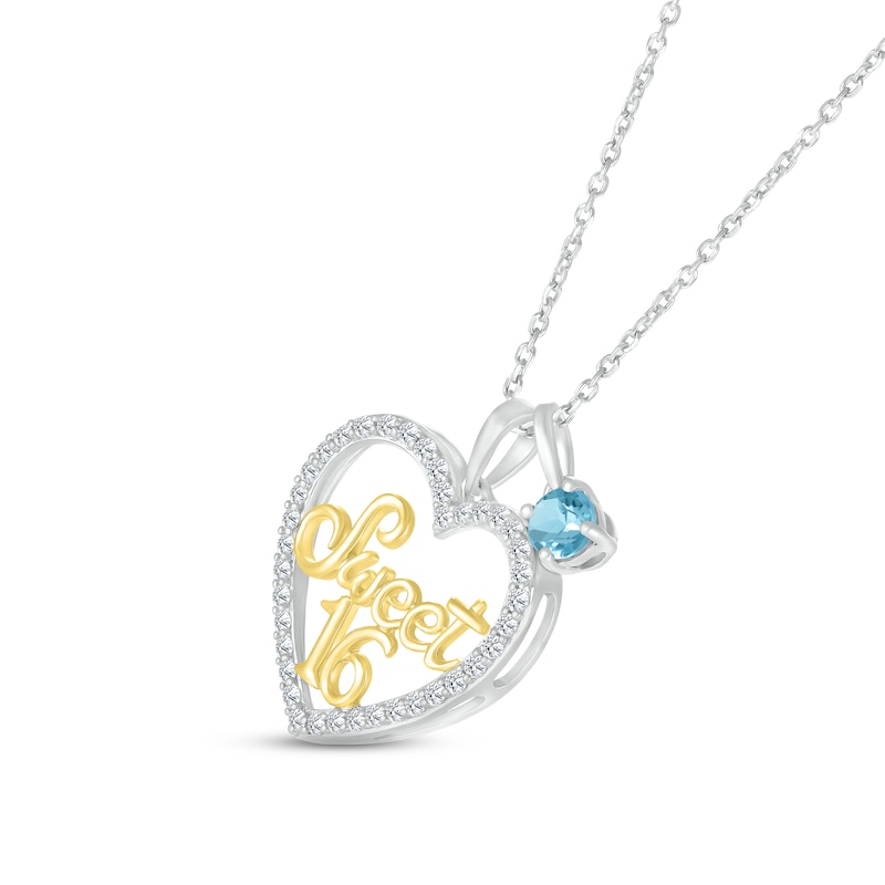 Main Image 2 of Swiss Blue Topaz & White Lab-Created Sapphire &quot;Sweet 16&quot; Necklace Sterling Silver & 10K Yellow Gold 18&quot;