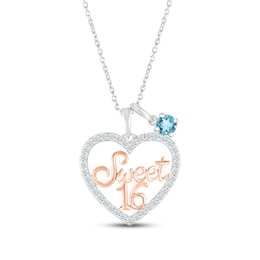 Swiss Blue Topaz & White Lab-Created Sapphire &quot;Sweet 16&quot; Necklace Sterling Silver & 10K Rose Gold 18&quot;