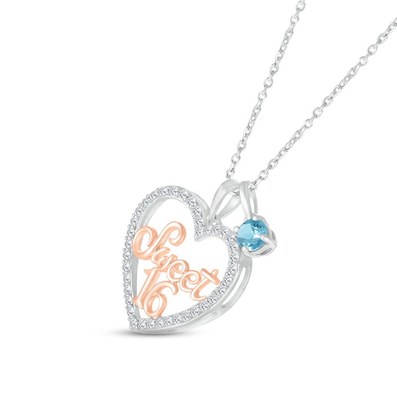 Main Image 2 of Swiss Blue Topaz & White Lab-Created Sapphire &quot;Sweet 16&quot; Necklace Sterling Silver & 10K Rose Gold 18&quot;