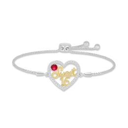 Lab-Created Ruby & White Lab-Created Sapphire &quot;Sweet 16&quot; Bolo Bracelet Sterling Silver & 10K Yellow Gold 9.5&quot;