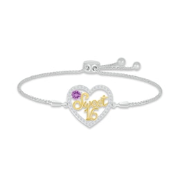 Amethyst & White Lab-Created Sapphire &quot;Sweet 16&quot; Bolo Bracelet Sterling Silver & 10K Yellow Gold 9.5&quot;