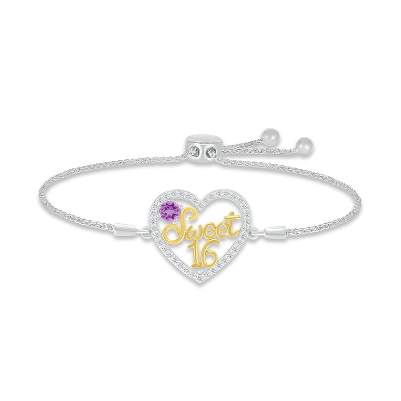 Main Image 1 of Amethyst & White Lab-Created Sapphire &quot;Sweet 16&quot; Bolo Bracelet Sterling Silver & 10K Yellow Gold 9.5&quot;