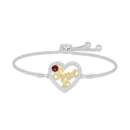 Garnet & White Lab-Created Sapphire &quot;Sweet 16&quot; Bolo Bracelet Sterling Silver & 10K Yellow Gold 9.5&quot;