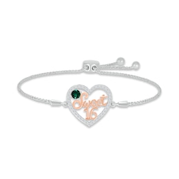 Lab-Created Emerald & White Lab-Created Sapphire &quot;Sweet 16&quot; Bolo Bracelet Sterling Silver & 10K Rose Gold 9.5&quot;