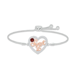 Garnet & White Lab-Created Sapphire &quot;Sweet 16&quot; Bolo Bracelet Sterling Silver & 10K Rose Gold 9.5&quot;