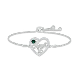 Lab-Created Emerald & White Lab-Created Sapphire &quot;Sweet 16&quot; Bolo Bracelet Sterling Silver 9.5&quot;