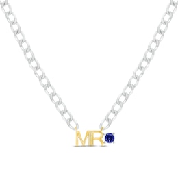 Men's Blue Lab-Created Sapphire &quot;Mr.&quot; Cuban Chain Necklace Sterling Silver & 10K Yellow Gold 20&quot;