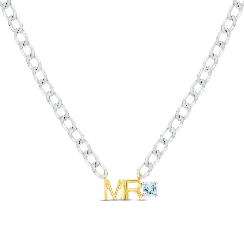 Main Image 1 of Men's Aquamarine &quot;Mr.&quot; Cuban Chain Necklace Sterling Silver & 10K Yellow Gold 20&quot;