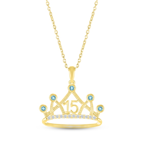 Swiss Blue Topaz & White Lab-Created Sapphire Quinceañera Crown Necklace 10K Yellow Gold 18"
