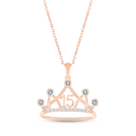 Swiss Blue Topaz & White Lab-Created Sapphire Quinceañera Crown Necklace 10K Rose Gold 18"