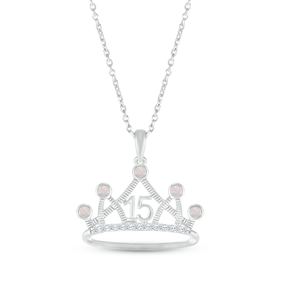 Lab-Created Opal & White Lab-Created Sapphire Quinceañera Crown Necklace 10K White Gold 18"
