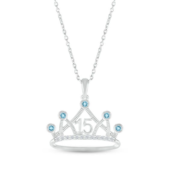 Swiss Blue Topaz & White Lab-Created Sapphire Quinceañera Crown Necklace 10K White Gold 18"