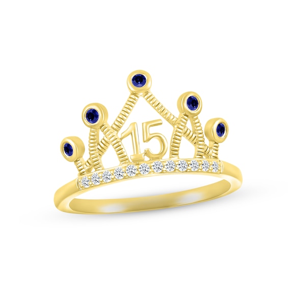 Blue & White Lab-Created Sapphire Quinceañera Crown Ring 10K Yellow Gold