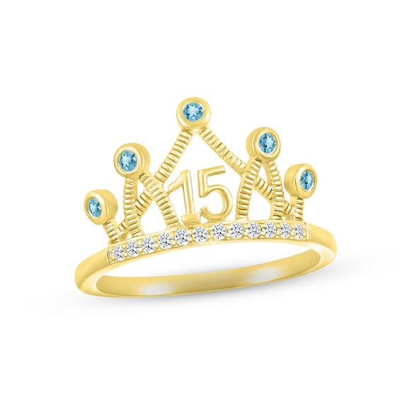 Swiss Blue Topaz & White Lab-Created Sapphire Quinceañera Crown Ring 10K Yellow Gold