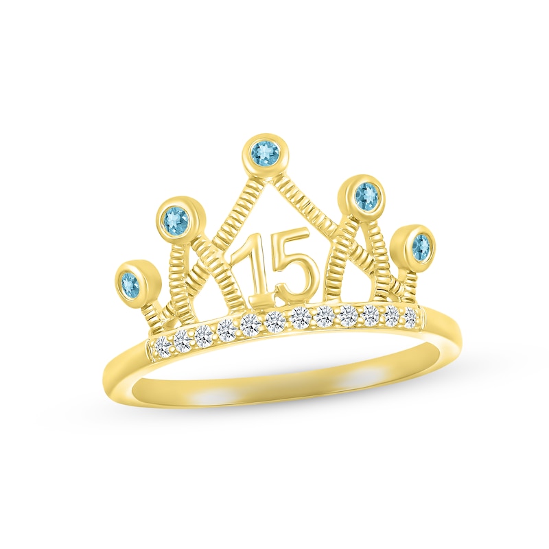 Main Image 1 of Swiss Blue Topaz & White Lab-Created Sapphire Quinceañera Crown Ring 10K Yellow Gold