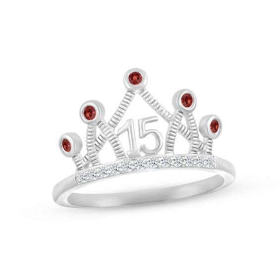 Garnet & White Lab-Created Sapphire Quinceañera Crown Ring Sterling Silver