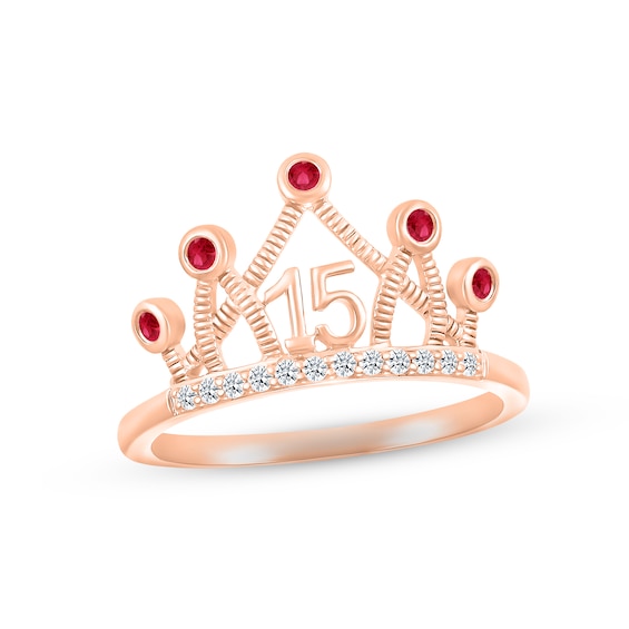 Lab-Created Ruby & White Lab-Created Sapphire Quinceañera Crown Ring 10K Rose Gold
