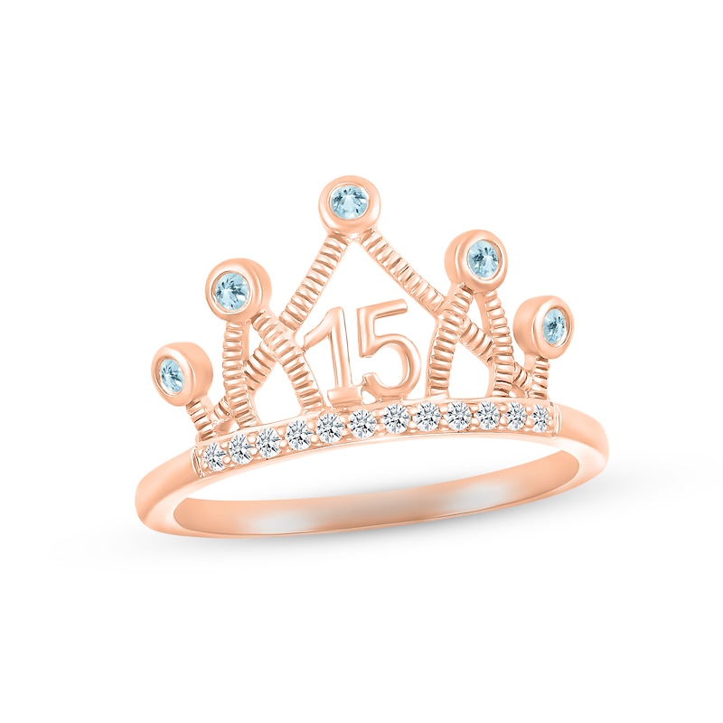 Main Image 1 of Aquamarine & White Lab-Created Sapphire Quinceañera Crown Ring 10K Rose Gold