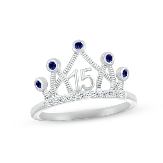 Blue & White Lab-Created Sapphire Quinceañera Crown Ring 10K White Gold