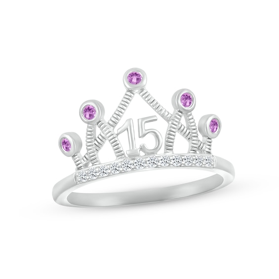 Amethyst & White Lab-Created Sapphire Quinceañera Crown Ring 10K White Gold