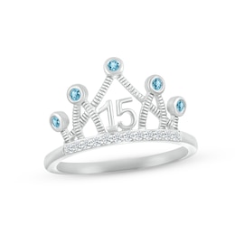 Swiss Blue Topaz & White Lab-Created Sapphire Quinceañera Crown Ring 10K White Gold