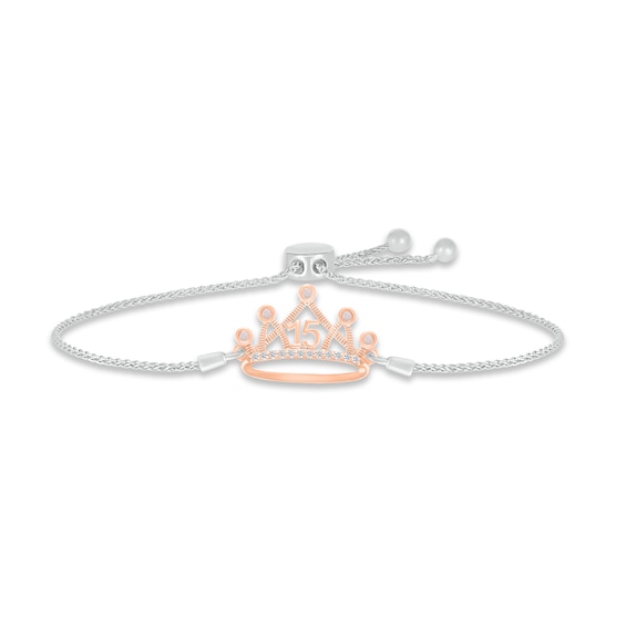 Lab-Created Opal & White Lab-Created Sapphire Quinceañera Crown Bolo Bracelet Sterling Silver & 10K Rose Gold
