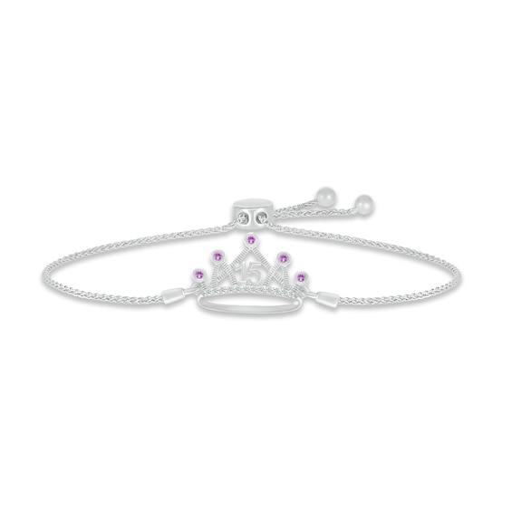 Amethyst & White Lab-Created Sapphire Quinceañera Crown Bolo Bracelet Sterling Silver