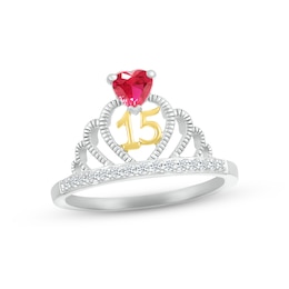 Lab-Created Ruby & White Lab-Created Sapphire Quinceañera Crown Ring Sterling Silver & 10K Yellow Gold