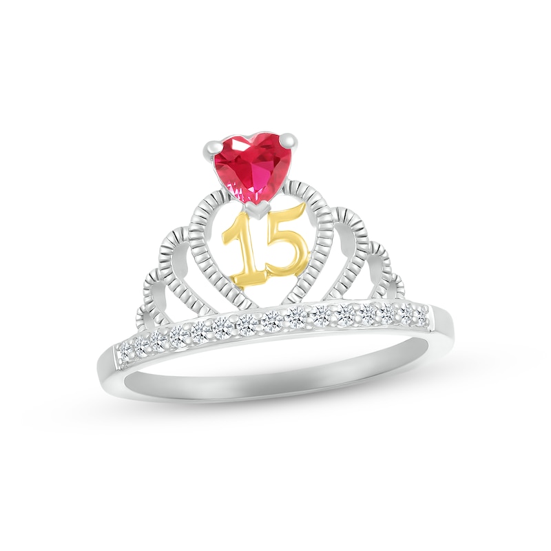 Main Image 1 of Lab-Created Ruby & White Lab-Created Sapphire Quinceañera Crown Ring Sterling Silver & 10K Yellow Gold