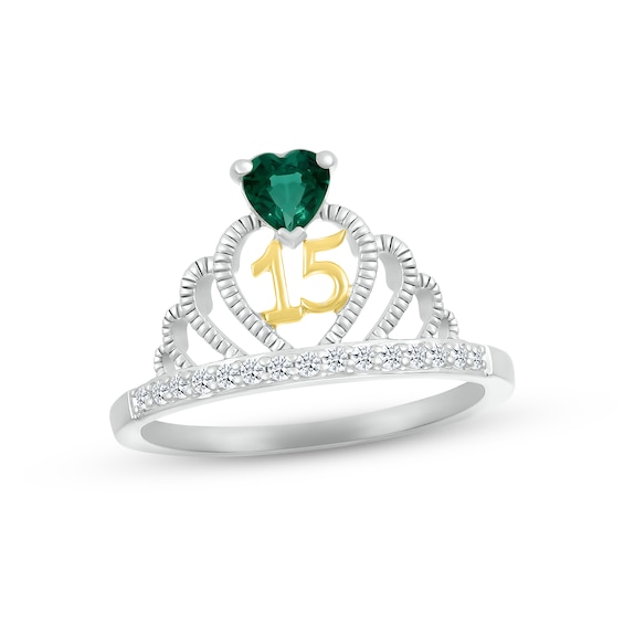 Lab-Created Emerald & White Lab-Created Sapphire Quinceañera Crown Ring Sterling Silver & 10K Yellow Gold
