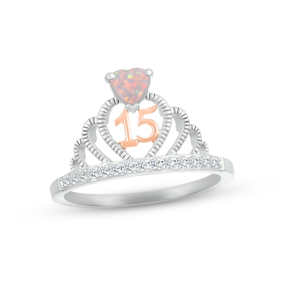 Lab-Created Opal & White Lab-Created Sapphire Quinceañera Crown Ring Sterling Silver & 10K Rose Gold