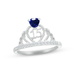 Blue & White Lab-Created Sapphire Quinceañera Crown Ring Sterling Silver