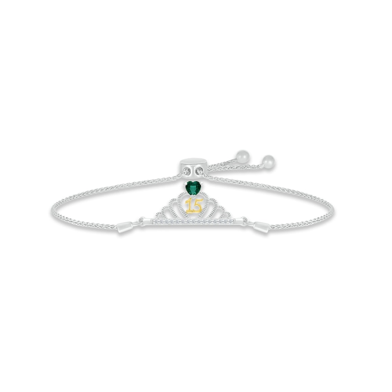 Main Image 1 of Lab-Created Emerald & White Lab-Created Sapphire Quinceañera Crown Bolo Bracelet Sterling Silver & 10K Yellow Gold