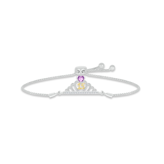 Amethyst & White Lab-Created Sapphire Quinceañera Crown Bolo Bracelet Sterling Silver & 10K Yellow Gold