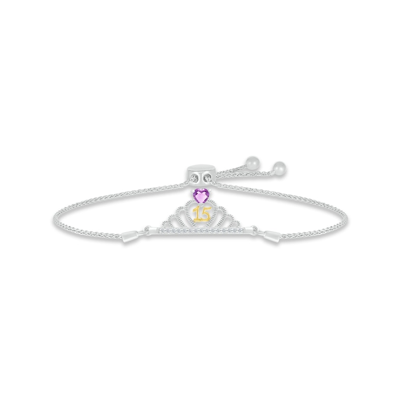 Main Image 1 of Amethyst & White Lab-Created Sapphire Quinceañera Crown Bolo Bracelet Sterling Silver & 10K Yellow Gold