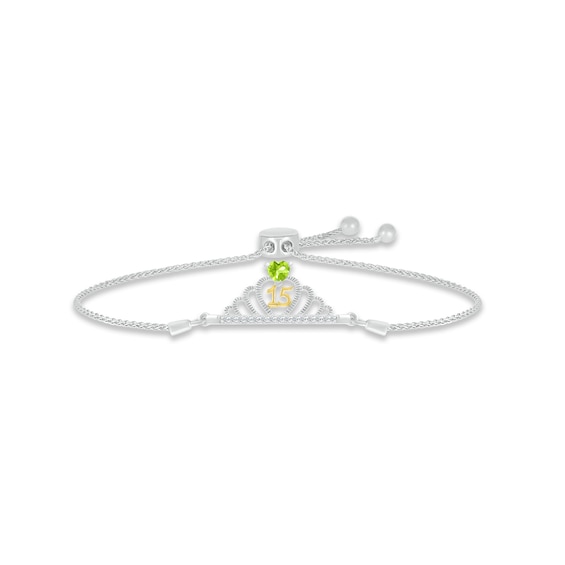 Peridot & White Lab-Created Sapphire Quinceañera Crown Bolo Bracelet Sterling Silver & 10K Yellow Gold
