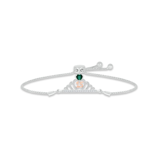 Lab-Created Emerald & White Lab-Created Sapphire Quinceañera Crown Bolo Bracelet Sterling Silver & 10K Rose Gold