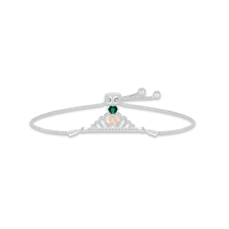 Main Image 1 of Lab-Created Emerald & White Lab-Created Sapphire Quinceañera Crown Bolo Bracelet Sterling Silver & 10K Rose Gold