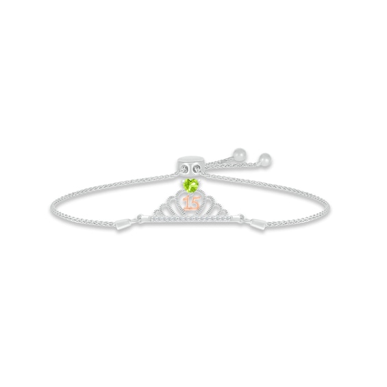 Peridot & White Lab-Created Sapphire Quinceañera Crown Bolo Bracelet Sterling Silver & 10K Rose Gold