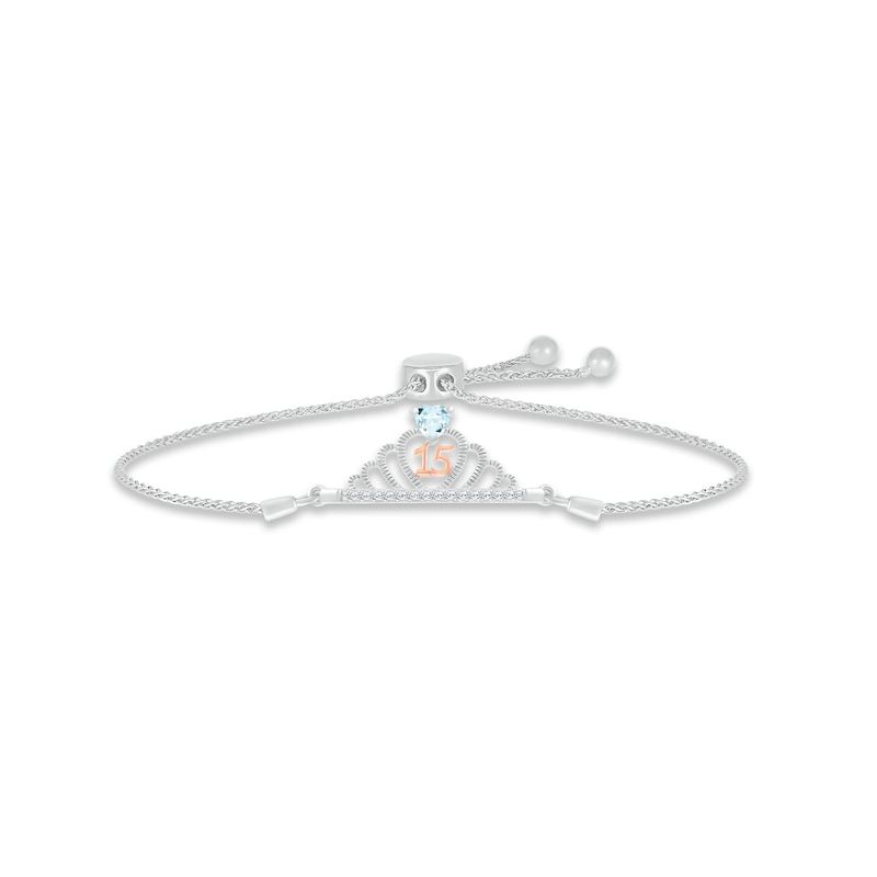 Main Image 1 of Aquamarine & White Lab-Created Sapphire Quinceañera Crown Bolo Bracelet Sterling Silver & 10K Rose Gold