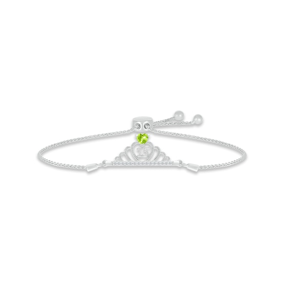 Peridot & White Lab-Created Sapphire Quinceañera Crown Bolo Bracelet Sterling Silver