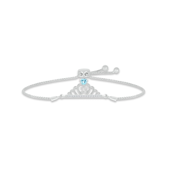 Swiss Blue Topaz & White Lab-Created Sapphire Quinceañera Crown Bolo Bracelet Sterling Silver