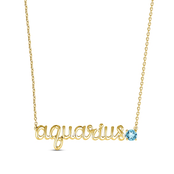 Swiss Blue Topaz Zodiac Aquarius Necklace 10K Yellow Gold 18"