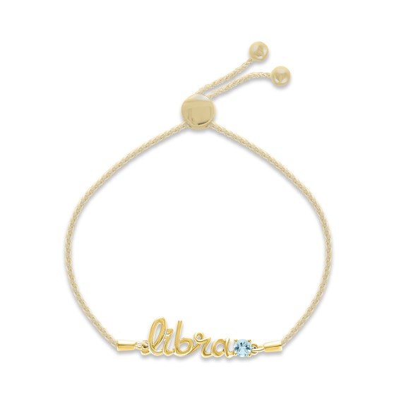 Aquamarine Zodiac Libra Bolo Bracelet 10K Yellow Gold 9.5"