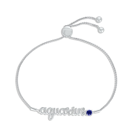 Blue Lab-Created Sapphire Zodiac Aquarius Bolo Bracelet Sterling Silver 9.5"