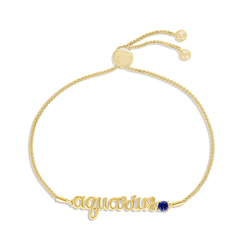 Main Image 1 of Blue Lab-Created Sapphire Zodiac Aquarius Bolo Bracelet 10K Yellow Gold 9.5&quot;