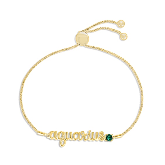Lab-Created Emerald Zodiac Aquarius Bolo Bracelet 10K Yellow Gold 9.5"