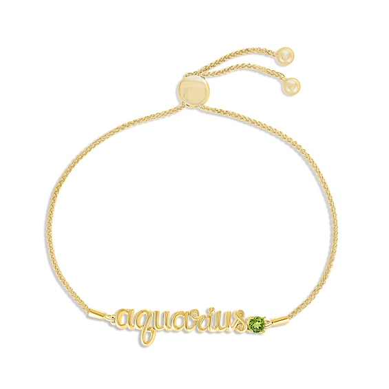 Peridot Zodiac Aquarius Bolo Bracelet 10K Yellow Gold 9.5"