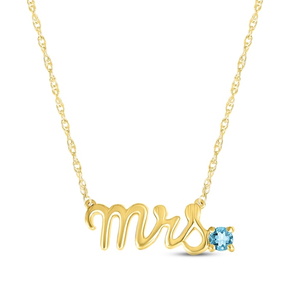 Swiss Blue Topaz "Mrs." Necklace 10K Yellow Gold 18"